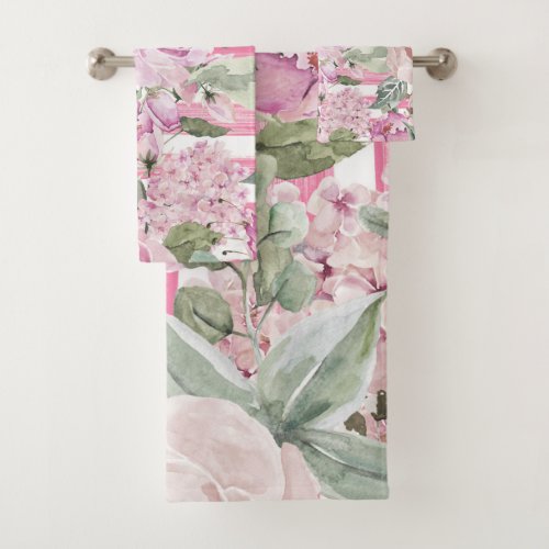 Watercolor geometric pastel green pink floral bath towel set