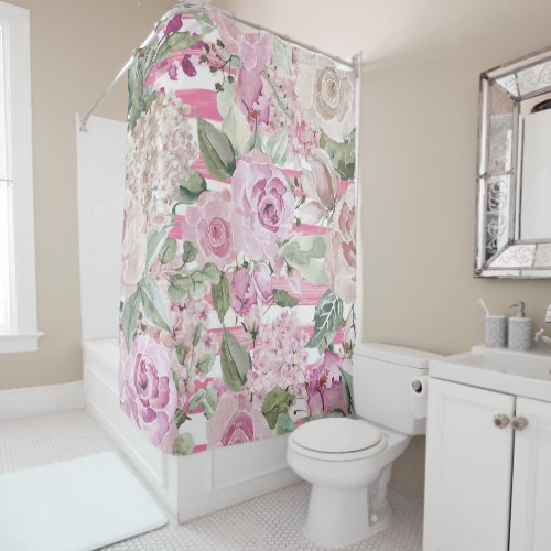 Watercolor geometric pastel green pink floral shower curtain