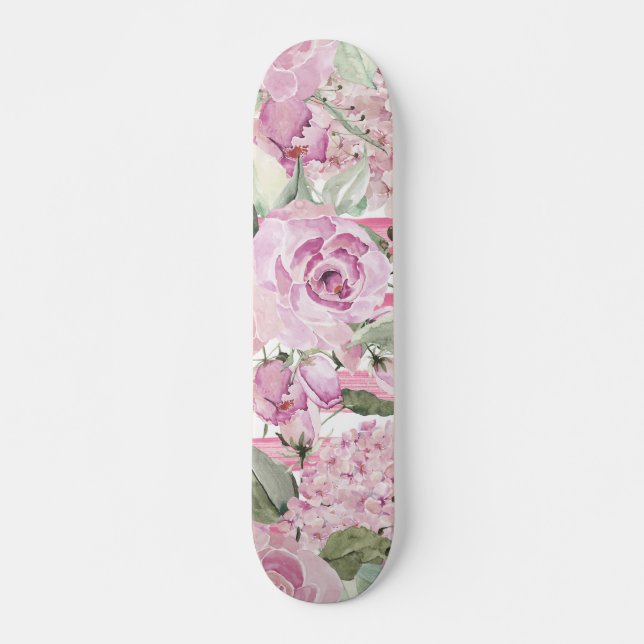 Watercolor geometric pastel green pink floral skat skateboard (Front)