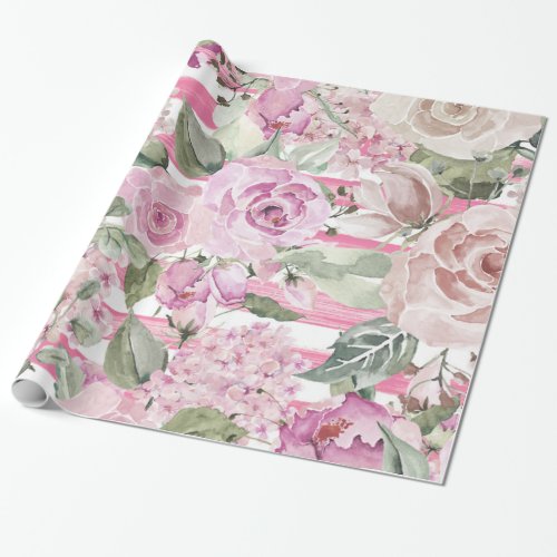 Watercolor geometric pastel green pink floral wrapping paper