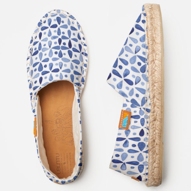 Watercolor Geometric Pattern Indigo Blue and White Espadrilles (Side)