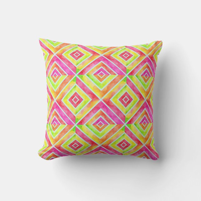 Watercolor geometric pink, chartreuse green tiles outdoor pillow (Front)