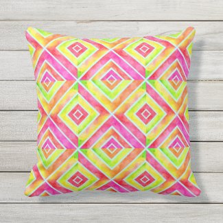 Watercolor geometric pink, chartreuse green tiles outdoor pillow