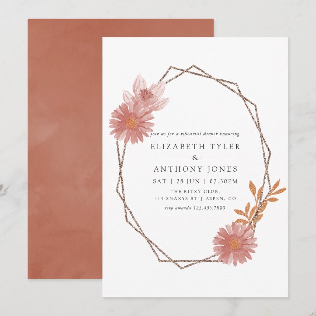 Watercolor Geometric Terracotta Rehearsal Dinner Invitation (Front/Back)