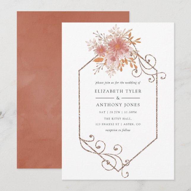 Watercolor Geometric Terracotta Wedding Invitation (Front/Back)