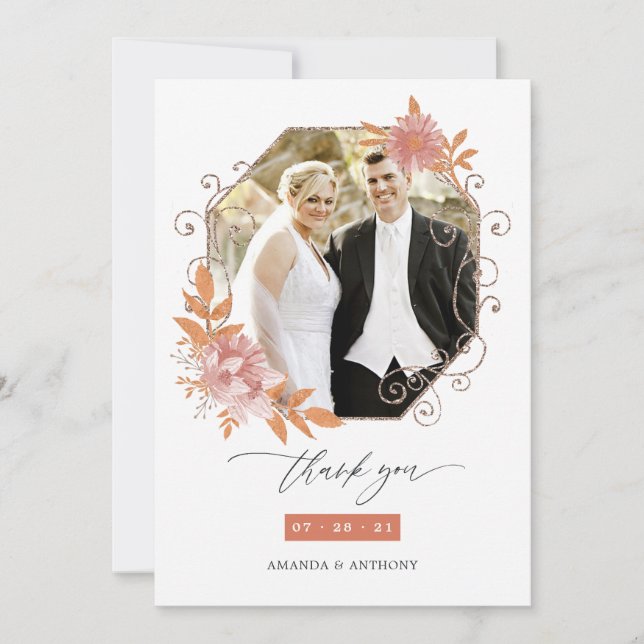 Watercolor Geometric Terracotta Wedding Photo Thank You Card (Front)
