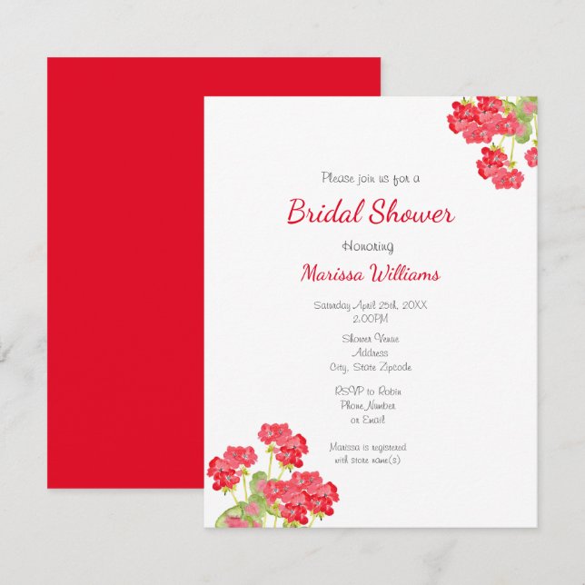 Watercolor Geraniums 2 Invitation (Front/Back)
