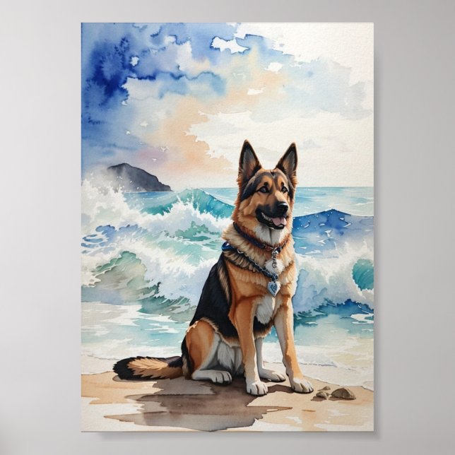 Watercolor German Shepherd at the Beach 6 Poster (Front)