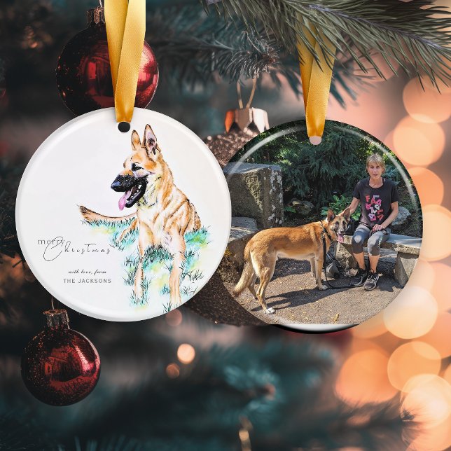 Watercolor German Shepherd Belgian Malinois Photo Ceramic Ornament (Creator Uploaded)
