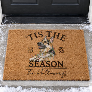 Watercolor German Shepherd Christmas Family Name Fiber Doormat