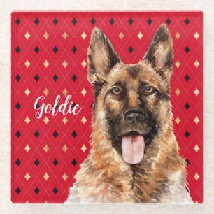 Watercolor German Shepherd Dog Personalized Glass Coaster
