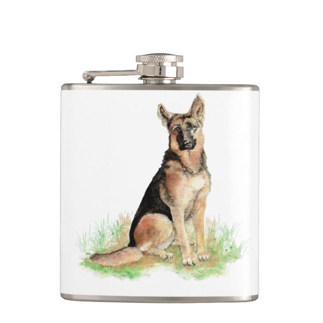 Watercolor German Shepherd Dog Pet Cute Animal Flask (Front)