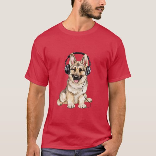 Watercolor German Shepherd Dog with Headphones  T_Shirt