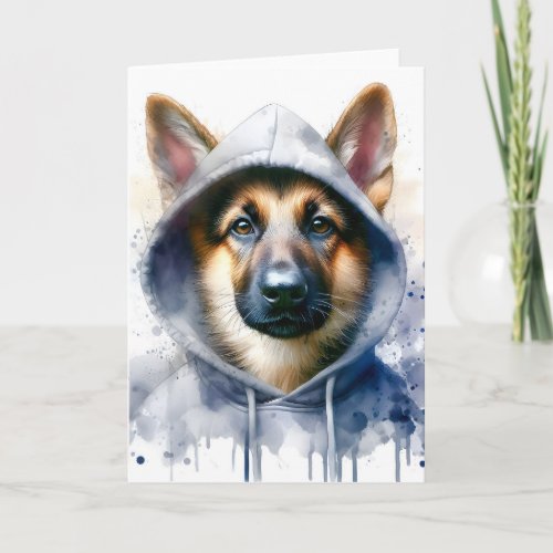 Watercolor German Shepherd in Hoodie Splash Art  Card