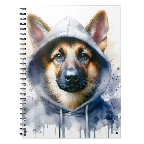 Watercolor German Shepherd in Hoodie Splash Art  Notebook