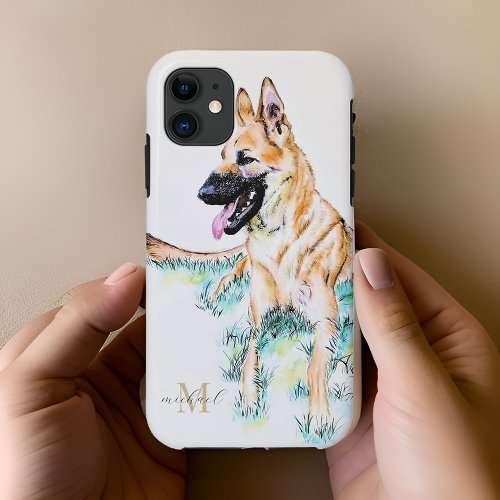 Watercolor German Shepherd Malinois Monogram iPhone 11 Case