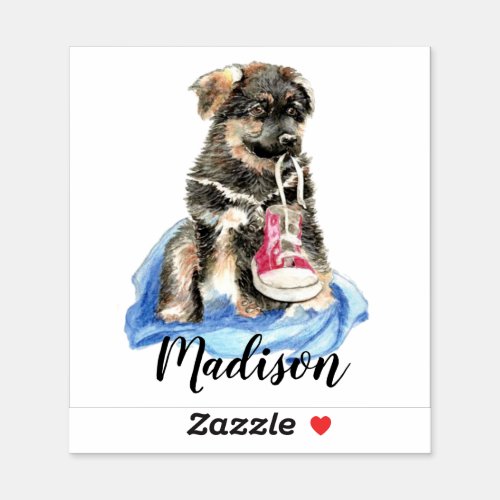 Watercolor German Shepherd Puppy Dog Custom Name Sticker