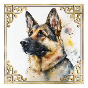 Watercolor German Shepherd Puppy with Gold Frame Acrylic Print