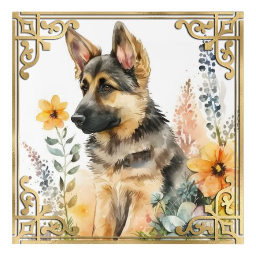 Watercolor German Shepherd Puppy with Gold Frame Acrylic Print