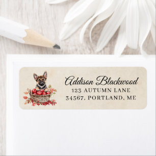 Watercolor German Shepherd Puppy with Red Apples Label