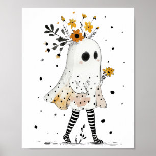 Watercolor Ghost& Sunflowers Whimsical Halloween Poster