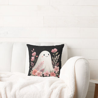 watercolor ghost with pink flowers throw pillow