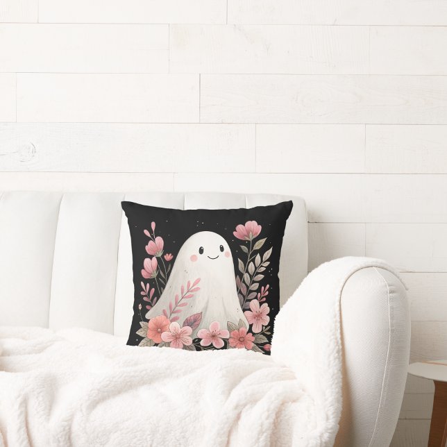 watercolor ghost with pink flowers throw pillow (Creator Uploaded)
