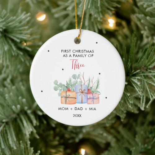  Watercolor Gift Bags  First Family of Three Ceramic Ornament