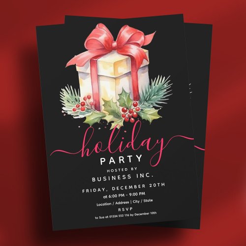 Watercolor Gift Corporate Holiday Party Black  Invitation