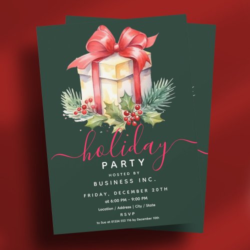 Watercolor Gift Corporate Holiday Party Green  Invitation