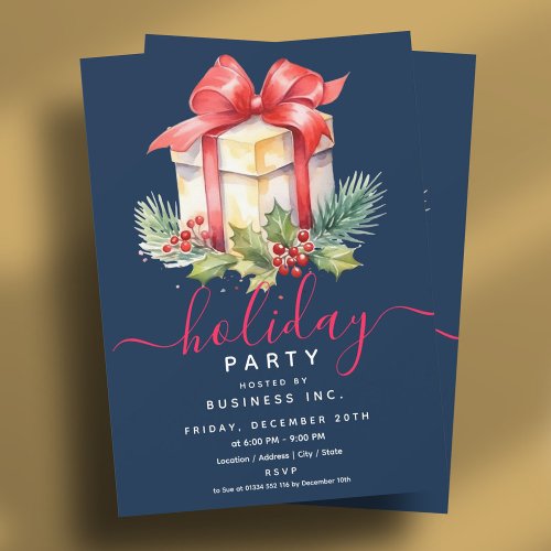 Watercolor Gift Corporate Holiday Party Navy  Invitation