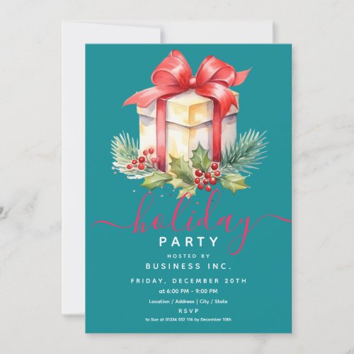 Watercolor Gift Corporate Holiday Party Teal Invitation