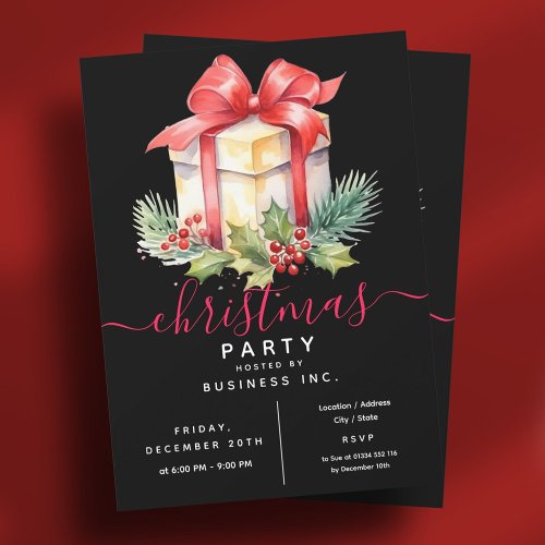 Watercolor Gift Corporate Xmas Party Black  Invitation