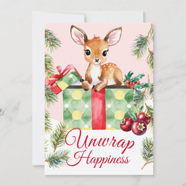Watercolor Gift Deer Holiday Christmas Card (Front)