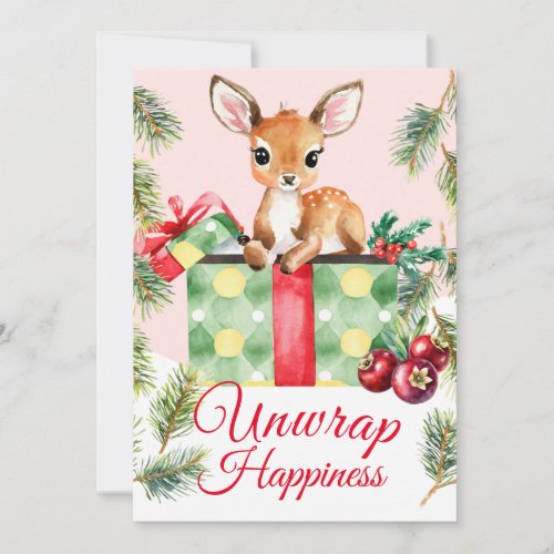 Watercolor Gift Deer Holiday Christmas Card
