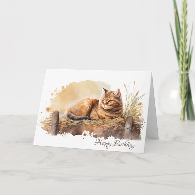 Watercolor Ginger Cat Birthday Card (Front)