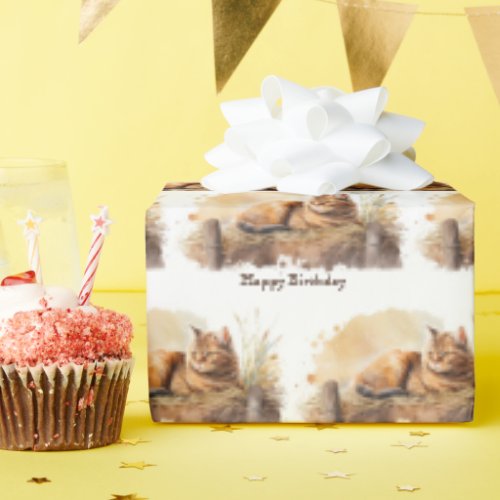 Watercolor Ginger Cat Birthday Wrapping Paper