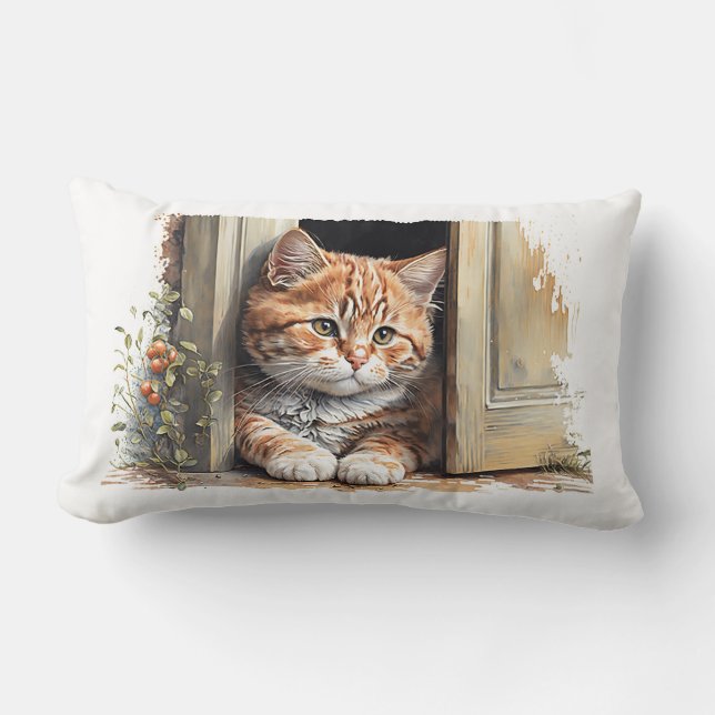 Watercolor Ginger Cat in Doorway Lumbar Pillow (Front)