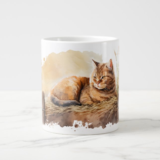 Watercolor Ginger Cat On Hay Giant Coffee Mug (Front)
