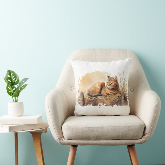 Watercolor Ginger Cat On Hay Throw Pillow (Chair)