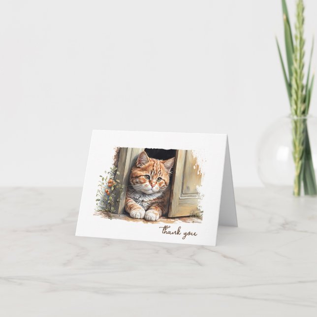 Watercolor Ginger Cat Thank You Card (Front)