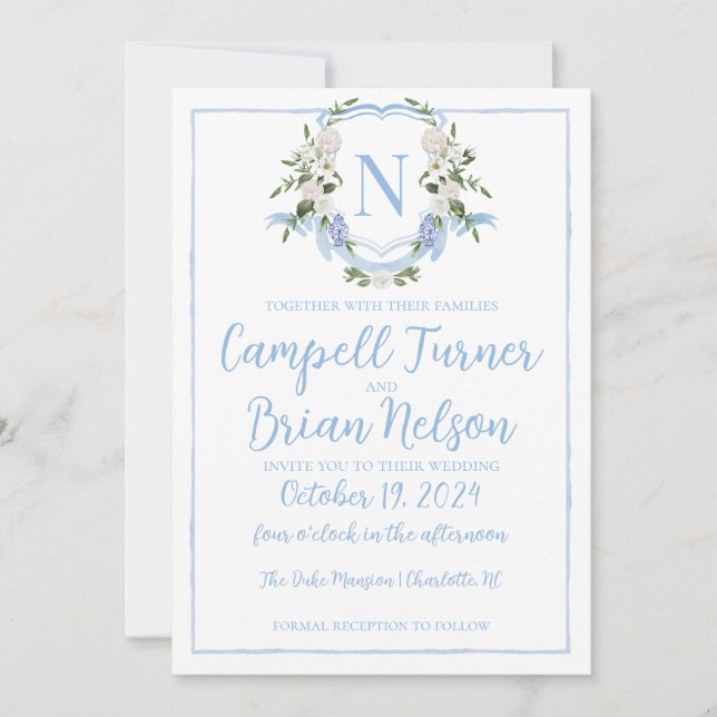 Watercolor Ginger Jar Monogram Crest, Blue White Invitation (Front)