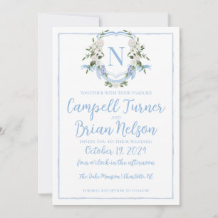 Watercolor Ginger Jar Monogram Crest, Blue White Invitation