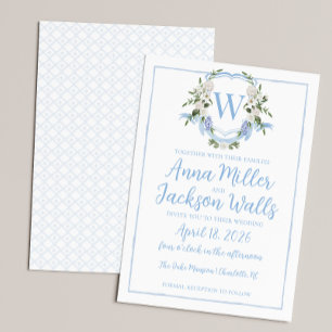 Watercolor Ginger Jar Monogram Crest, Blue White Invitation