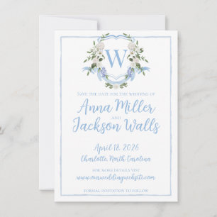 Watercolor Ginger Jar Monogram Crest, Blue White Save The Date