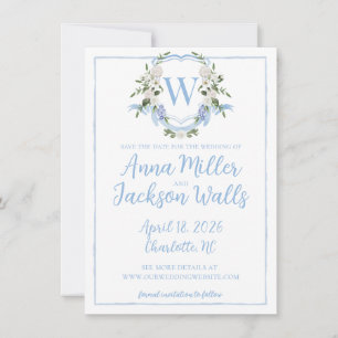 Watercolor Ginger Jar Monogram Crest, Blue White Save The Date