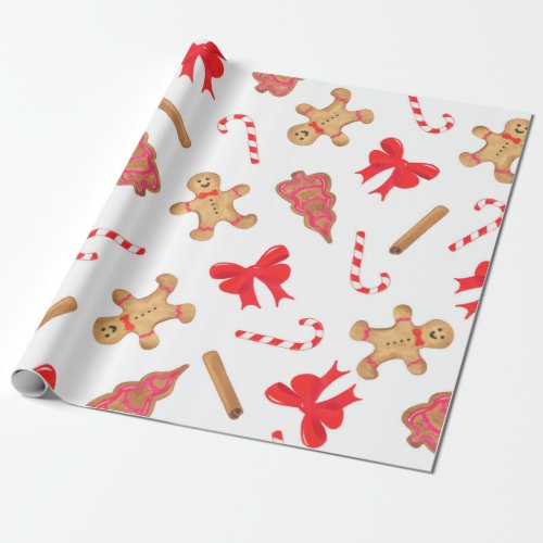 Watercolor Gingerbread Candy Cane Christmas Wrapping Paper