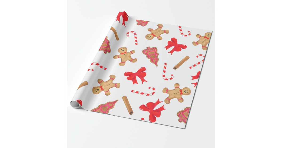 Watercolor Gingerbread Candy Cane Christmas Wrapping Paper