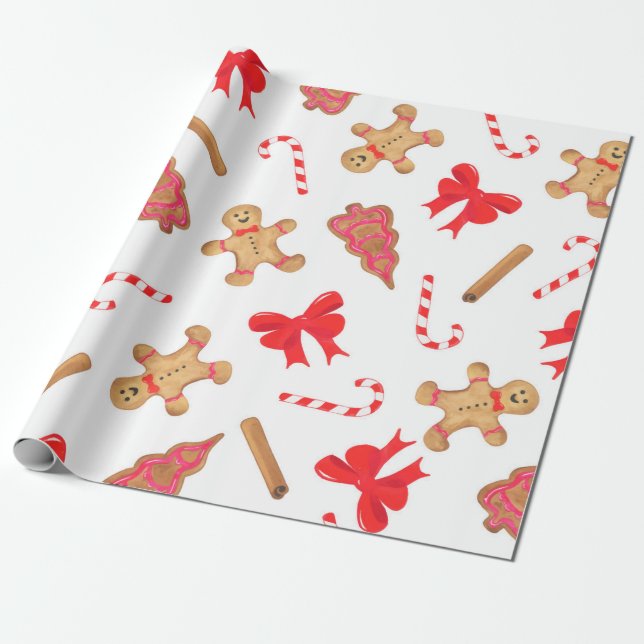 Watercolor Gingerbread Candy Cane Christmas Wrapping Paper (Unrolled)