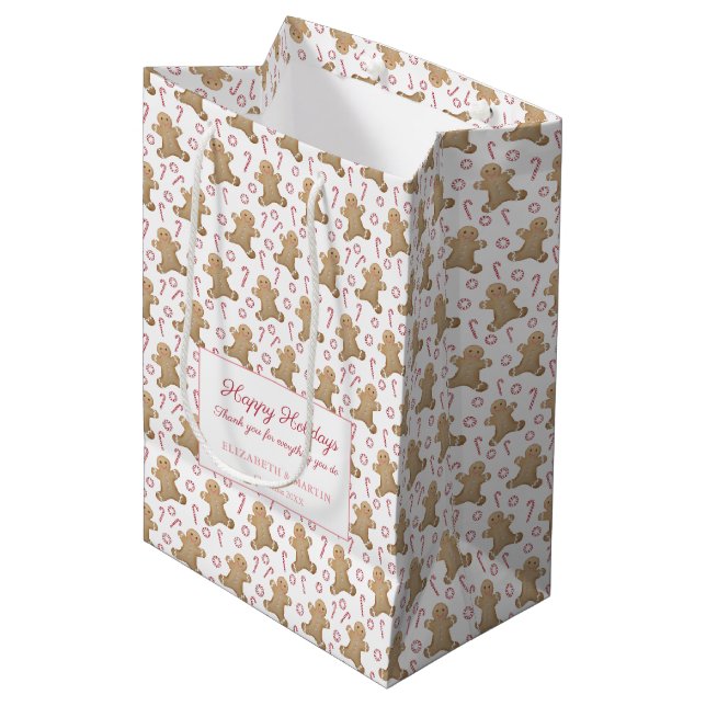 Watercolor Gingerbread Candy Canes Merry Christmas Medium Gift Bag (Front Angled)